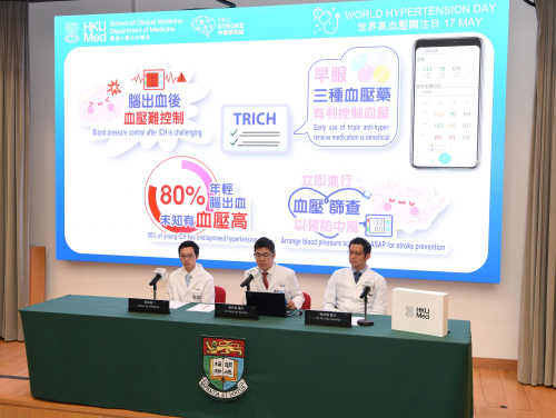 劉巨基醫生（中）及張記暢醫生（右）指導兩名港大醫學院醫科生蘇政熹（左）以及楊倩婷，共同研發「腦出血後用藥評分」臨床工具。此工具整合462位來自瑪麗醫院腦出血患者的數據，目前已在律敦治醫院、仁濟醫院及瑪嘉烈醫院驗證其成效。
 